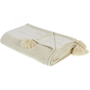 Beliani Couvre-lit Plaid Couverture en Chenille 150 x 200 cm Décoratif avec Pompons Beige Kazy