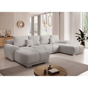 Meublesline Canapé d'angle panoramique convertible 6 places en tissu gris clair