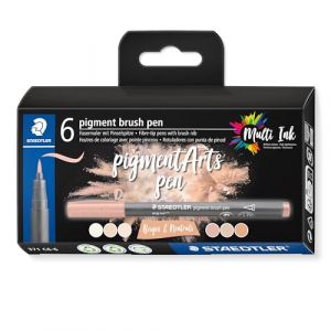 Staedtler PIGMENT ART - Brush 371 - Etui carton 6 feutres - Pointe pinceau Nudes & Beiges - Assortis - 371 C6-6