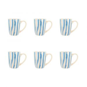 Novastyl Lot de 6 mugs 38cl en grès blanc et rayures bleues