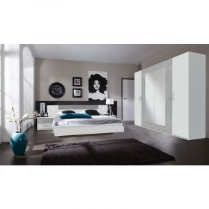 Image de Pegane Ensemble chambre adulte en Blanc, rechampis teinte b&eacute;ton gris clair - 160 x 200 cm -