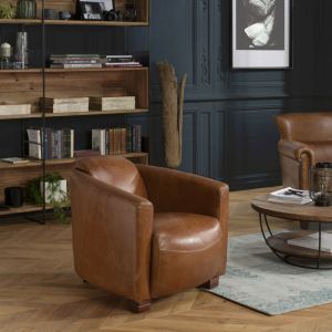 Macabane GASTON - Fauteuil marron CHICAGO vintage cuir pieds bois - Marron