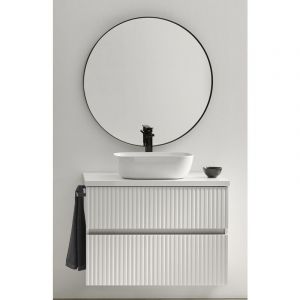 Pegane Meuble de salle de bain avec 2 tiroirs suspendus avec plan laqué Blanc brillant + vasque à poser + miroir - Longueur 60