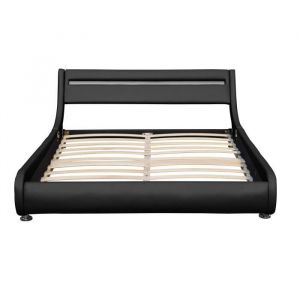 Lit ava pour matelas 140x200 - Sommier + Tête de Lit eclairage led Incurve Couleur noir + Pieds en 5 cm pour matelas - 2 x 13 Lattes - revetement pvc