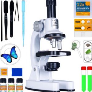 Silvergear Microscope pour enfants - Grossissement 200x &agrave; 1200x - Microscope pour enfants avec pr&eacute;parations et lumi&egrave;res LED - Jouet &eacute;ducatif - Cadeau pour gar&ccedil;ons et filles - 6, 7, 8, 9, 10, 11, 12, 13, 14, 15, 16+ ans - Blanc