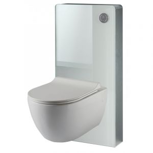 Planetebain Pack WC suspendu mural en verre blanc et cuvette carénée sans bride CERES