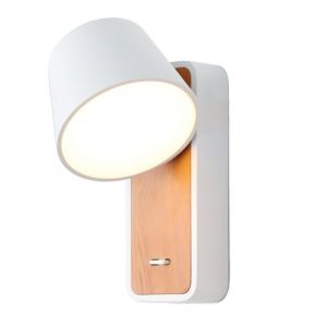 Applique Murale Moderne en Aluminium Blanc et Bois avec Spot Orientable LED 6W et Interrupteur pour Table de Nuit Chambre à