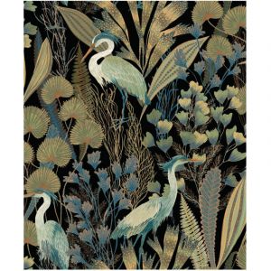 A63201 - Papier Peint Vinyle Grainé Sur Intissé Tropical Cranes Bleu Grandeco