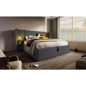 Canap&eacute; d'angle 3 places chenille modulable en L 195x149 cm, 2 coussins, 1 chaise longue avec pouf, gris