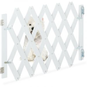 Relaxdays Barri&egrave;re de s&eacute;curit&eacute; pour chiens, jusqu'&agrave; 108,5 cm, 47,5-60 cm de haut, bambou, escaliers & porte, blanc