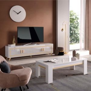 Jemma - Ensemble Salon Blanc Décor Doré Meuble tv + Table Basse