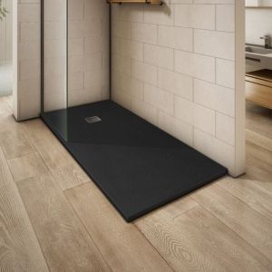 Grand Verre - Receveur de douche noir surface ardois&eacute;e antid&eacute;rapante avec bonde et grille en inox 90x90