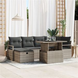 Ensemble de Canap&eacute;s de Jardin 7 Pi&egrave;ces avec Coussins Gris en Poly Rattan, Canap&eacute; de Jardin 2 Places avec Rangement et Coussins