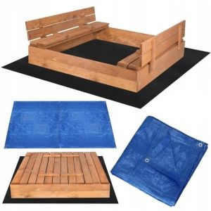 SPRINGOS Bac &agrave; sable en bois avec bancs 120 x 120cm Sol en non-tiss&eacute; Couverture Bois impr&eacute;gn&eacute; Bac &agrave; sable pour enfants Aire de jeux