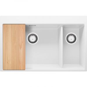 Evier Cuisine en Granit 78 x 50 cm Lavabo 2 bacs + Siphon Classique, Évier à Encastrer de Primagran Blanc - white