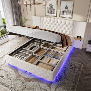 Lit coffre 160 x 200 cm avec &eacute;clairage LED, port USB, lit double avec large t&ecirc;te de lit, lit adulte syst&egrave;me de levage hydraulique