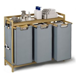 Panier &agrave; Linge Bealife avec 3 Sacs de Rangement en Tissu de 42 L et 1 &Eacute;tag&egrave;re pour Salle de Bain Buanderie Nature