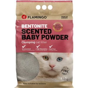 Flamingo Litière pour Chats EUROPE - Parfum Talc pour bébé - 12KG pour 10 SEMAINES - Origine Europe - neutralisent les odeurs désagréables - douce pour les pattes - aussi pour les chatons