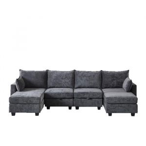 Image de Canap&eacute; d'Angle Convertible 6 Places avec Rangement,En Chenille,Modulable U/L,Grande Capacit&eacute;,Gris