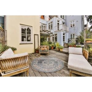 Tapis extérieur pour balcon terrasse ou jardin | Gris oriental 120x120 | Rond | Intérieur et Extérieur - The Carpet Palma