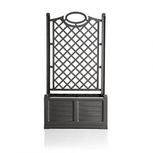 Jardinière séparée avec panneau arrière en pehd de 80 cm avec effet bois 3D. Couleur du fer forgé. Fabriqué en Italie