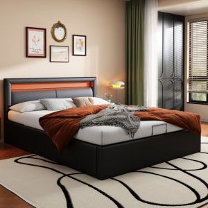 Lit coffre Lit capitonné double 140 x 200 cm avec led, en similicuir, noir