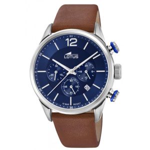 Lotus Montre L18689-1 - CHRONO Dateur,Chronographe Acier Argenté Cuir Marron Cadran Bleu Homme