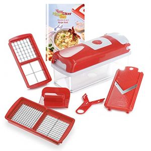 Genius Mandoline Nicer Dicer Smart 6en1 Multifunction Professionelle rouge - Coupe-légumes avec Grilles de découpe, Poussoir, Rabot | dés, bâtonnets, tranches