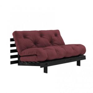 Canapé convertible futon ROOTS pin laqué noir matelas 140 x 200 cm coloris bordeaux