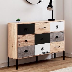 Idmarket Buffet 3 portes 3 tiroirs SACRAMENTO design industriel dépareillé 110 cm