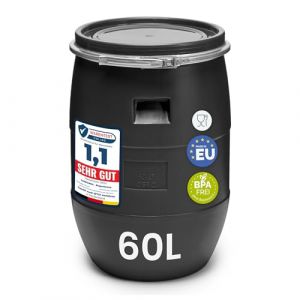 Garronda réservoir d'eau de 60 litres, Baril Alimentaire, fût à Large Ouverture en HDPE et sans BPA, tonneau de Jardin, bac à Aliments pour Animaux,