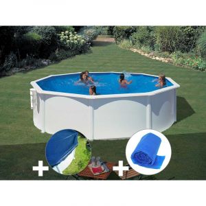 Gre Kit piscine acier blanc Bora Bora ronde 3,70 x 1,22 m + Bâche hiver + Bâche à bulles