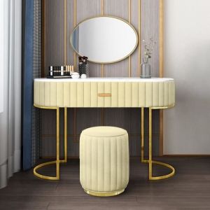 Image de Coiffeuse à Tiroir Dessus De Table En Faux Marbre Vita - Velours Beige, Métal, Mousse polyéthylène, Ovale, Style Art déco, 120 x 42.5 x 75 cm