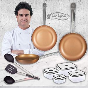 San Ignacio Cuivre Plus Set 3 casseroles + 4 boîtes à lunch + 3 ustensiles, Aluminium pressé, Multicolore, 20-24-28 cm