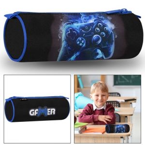 Trousse à crayons de jeu ronde noire-bleue zip POUR GAMER gamepad 22x8x8cm