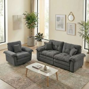 Canap&eacute; 2 places et fauteuil en chenille Gris Avec accoudoirs,3 oreillers,Canap&eacute; Salon Moderne &Eacute;conomise d&rsquo;Espace