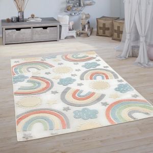 Paco Home Tapis Chambre Enfant Tapis De Jeux Gar&ccedil;on Fille 3D Motif Arc-En-Ciel Beige 200 cm rond