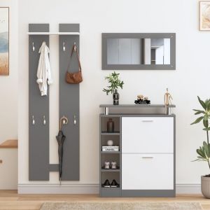 Modernluxe - Ensemble Meuble d'entrée - 1 miroir + 2 panneaux muraux + 1 meuble à chaussures - Gris