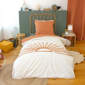 Linnea Parure de lit 2 pièces enfant SOLEZ 140x200 cm pur coton tufté blanc et orange