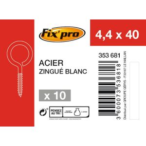 Fix'Pro Piton à visser acier zingué - 4,4x40 - 10pces - Fixpro