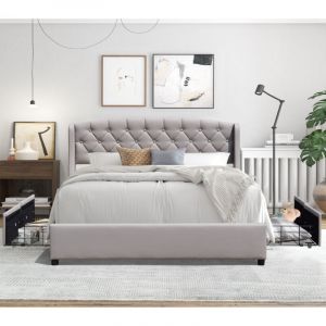 Iris Solide et Confortable Lit 140x200 avec Sommier avec 4 tiroirs+Tete de lit Couleur GRIS r