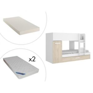 Lits Superposés ANTHONY avec rangements 3 x 90 x 190 cm Blanc et C ne + matelas