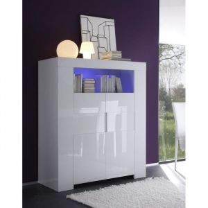 Image de Buffet haut blanc laqué 2 portes design ESMERALDA éclairage en option L 119 x P 50 x H 140 cm