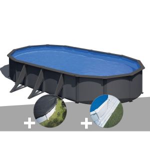 Gre Kit piscine acier gris anthracite Louko ovale 7,44 x 3,99 x 1,22 m + Bâche d'hivernage + Tapis de sol