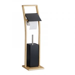 Relaxdays Serviteur WC, en bambou, non fixe, brosse et porte-brosse, H x L x P : 74 x 20 x 20 cm, noir et nature