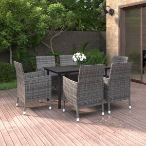 VidaXL Mobilier &agrave; d&icirc;ner de jardin coussins 7 pcs R&eacute;sine tress&eacute;e Verre - Gris