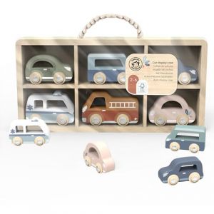 Speedy Monkey Lot de 6 Voitures avec boîte de Rangement - 29,6 x 3,5 x 16 cm - Jouet en Bois pour Enfants - Détails soignés - Excellente idée Cadeau