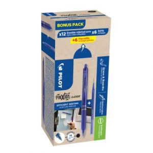 Pilot Clicker Stylo roller rétractable encre gel effaçable pointe moyenne 0,7 mm - Bleu - Pack de 12 stylos + 12 recharges