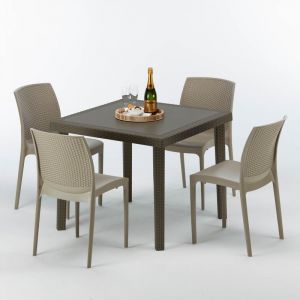 Image de Grand Soleil Table carrée et 4 chaises colorées Poly rotin resine 90x90 marron | Boheme Beige Juta