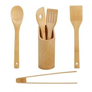Relaxdays Ustensiles de Cuisine, 6 Accessoires, 2 cuillères, 2 spatules, 1 Pince, 1 Pot, en Bambou, Natures